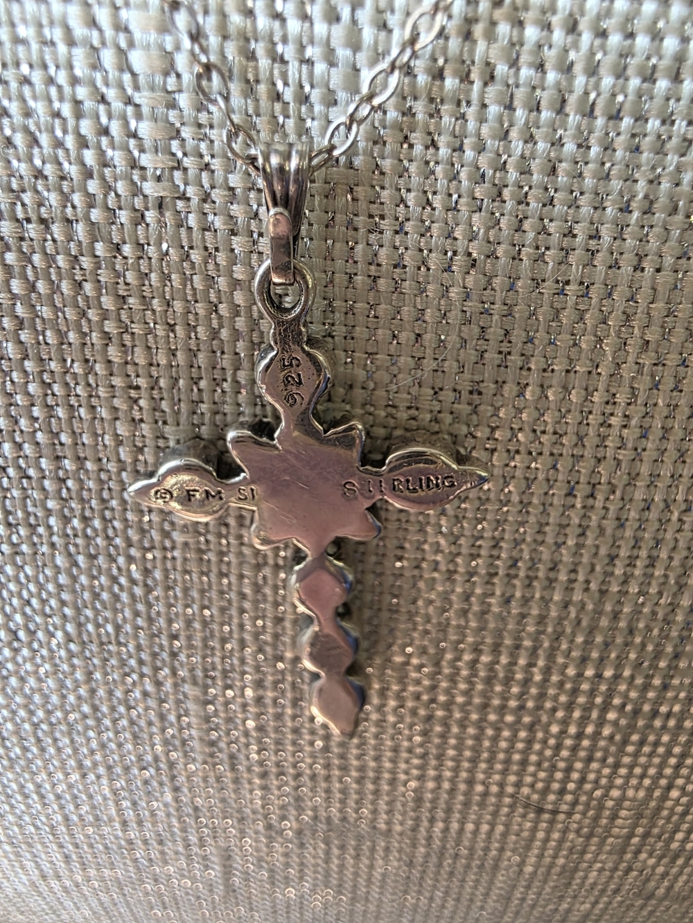 Vintage .925 Sterling Silver Textured Cross Pendant Necklace, 19" Oxidized Detai - Picture 6 of 10